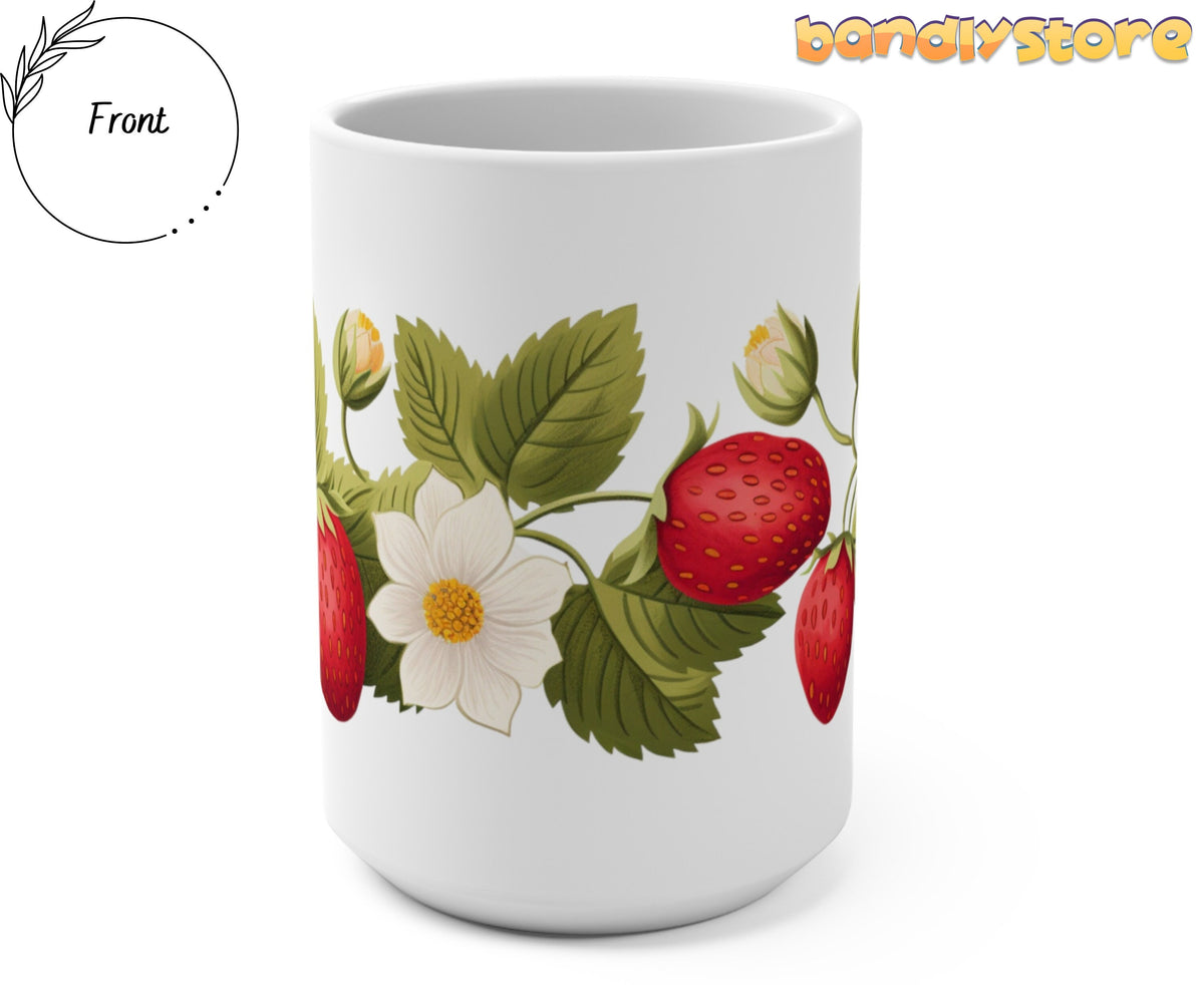 Strawberry Mug white ceramic cup with red strawberries, white flower and green leaves, front view.