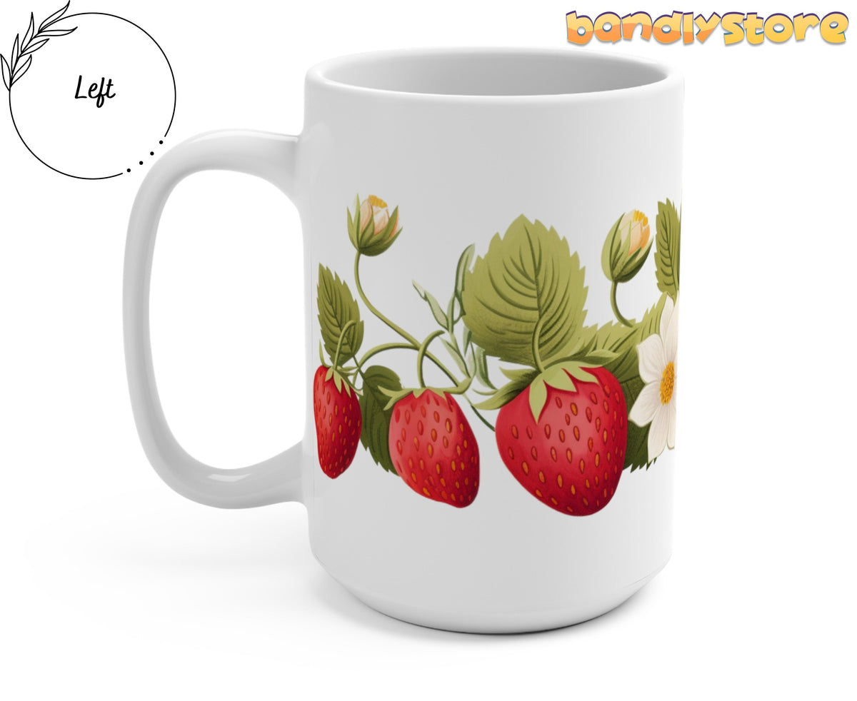 Strawberry Mug shown left-angled on white, handle left, red berries green leaves white blooms.