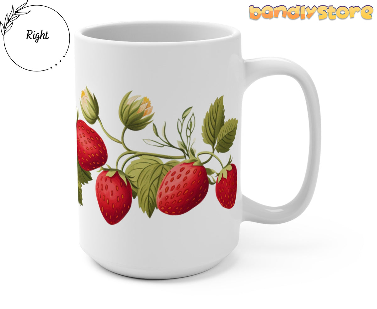 Strawberry Mug on plain white background, side angle with handle right showing red berries and green leaves.