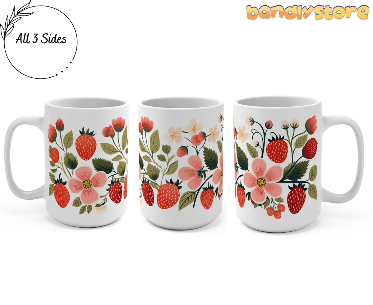 Strawberry Mug shown in three angled views on a plain background with an All 3 Sides label.