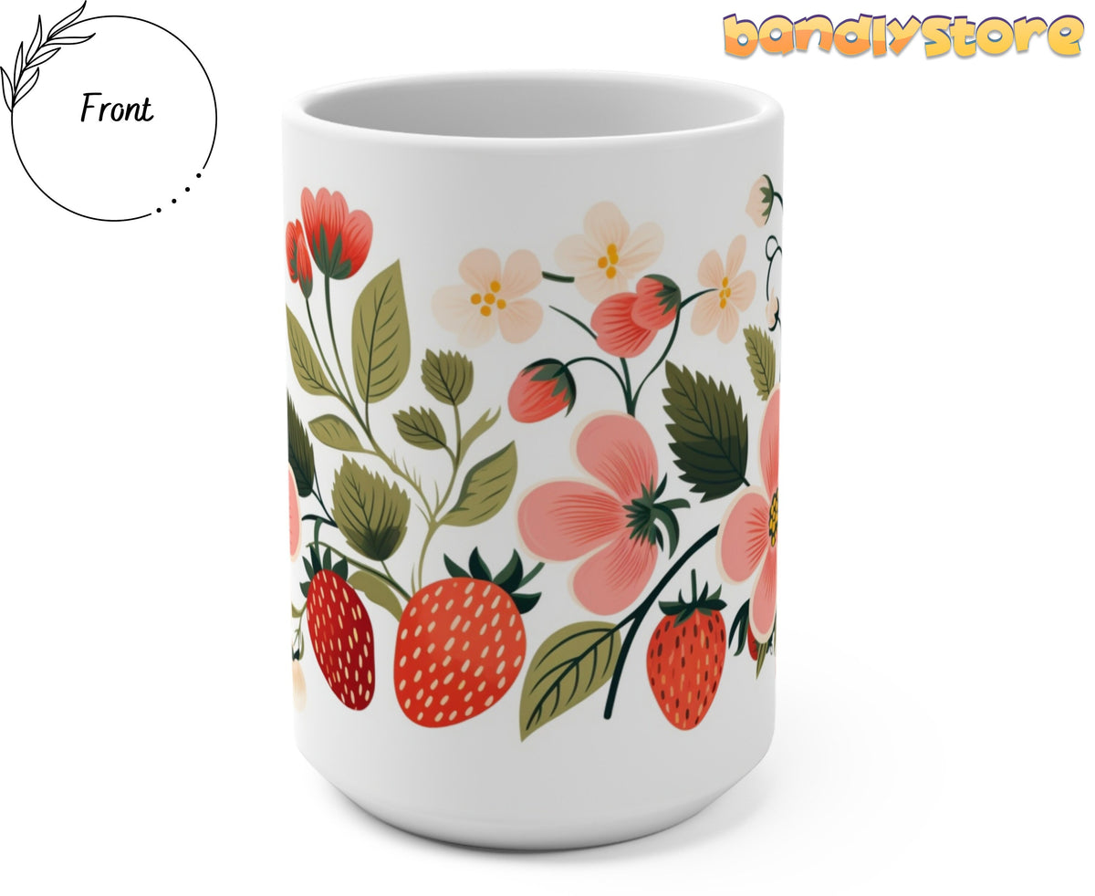 Strawberry Mug front angle on white background with Front label and bandlystore logo.