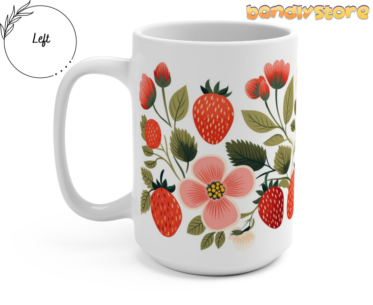 Strawberry Mug angled with handle on the left against a plain white background.