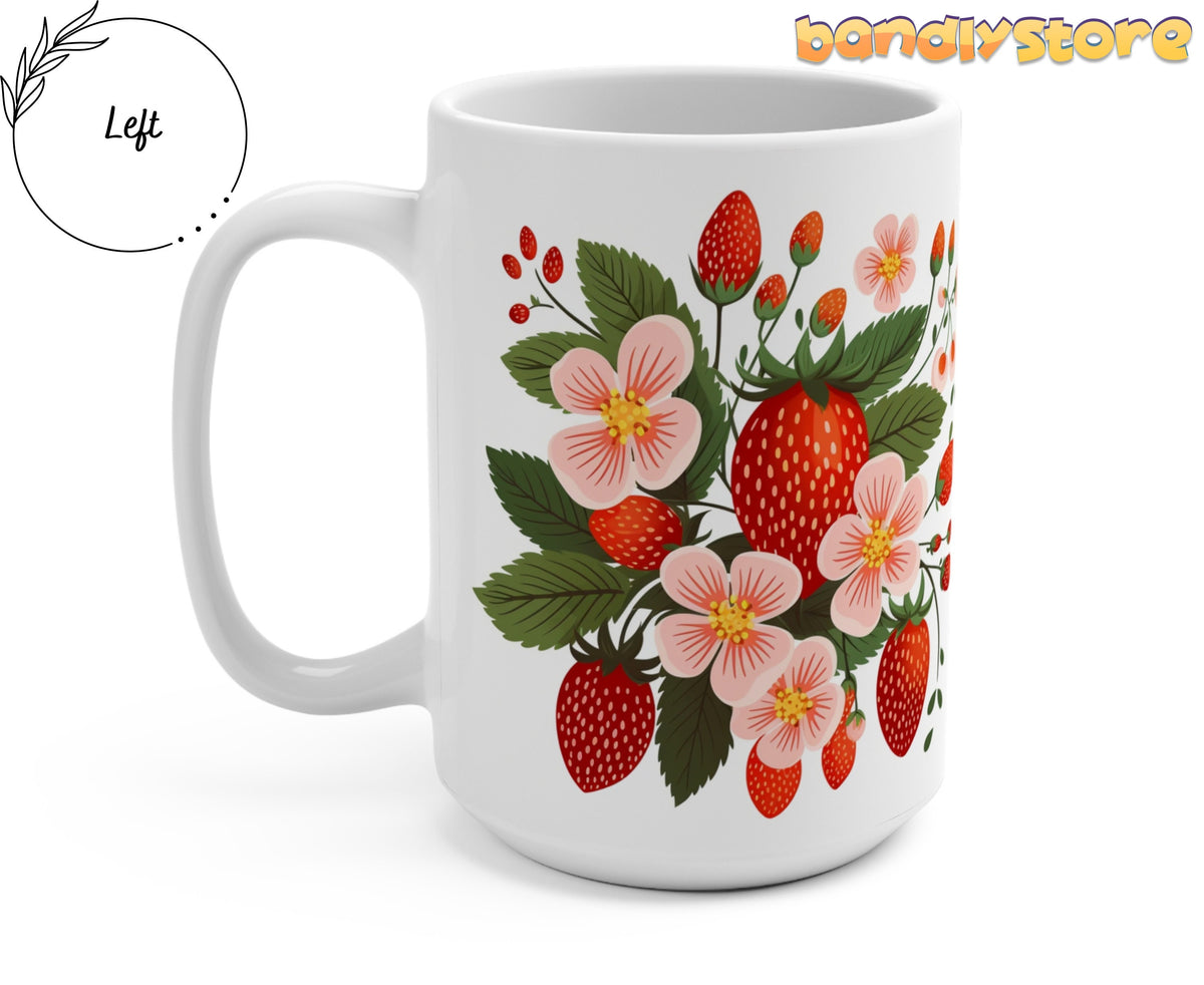 Strawberry Mug side view with handle on the left on a plain white background.