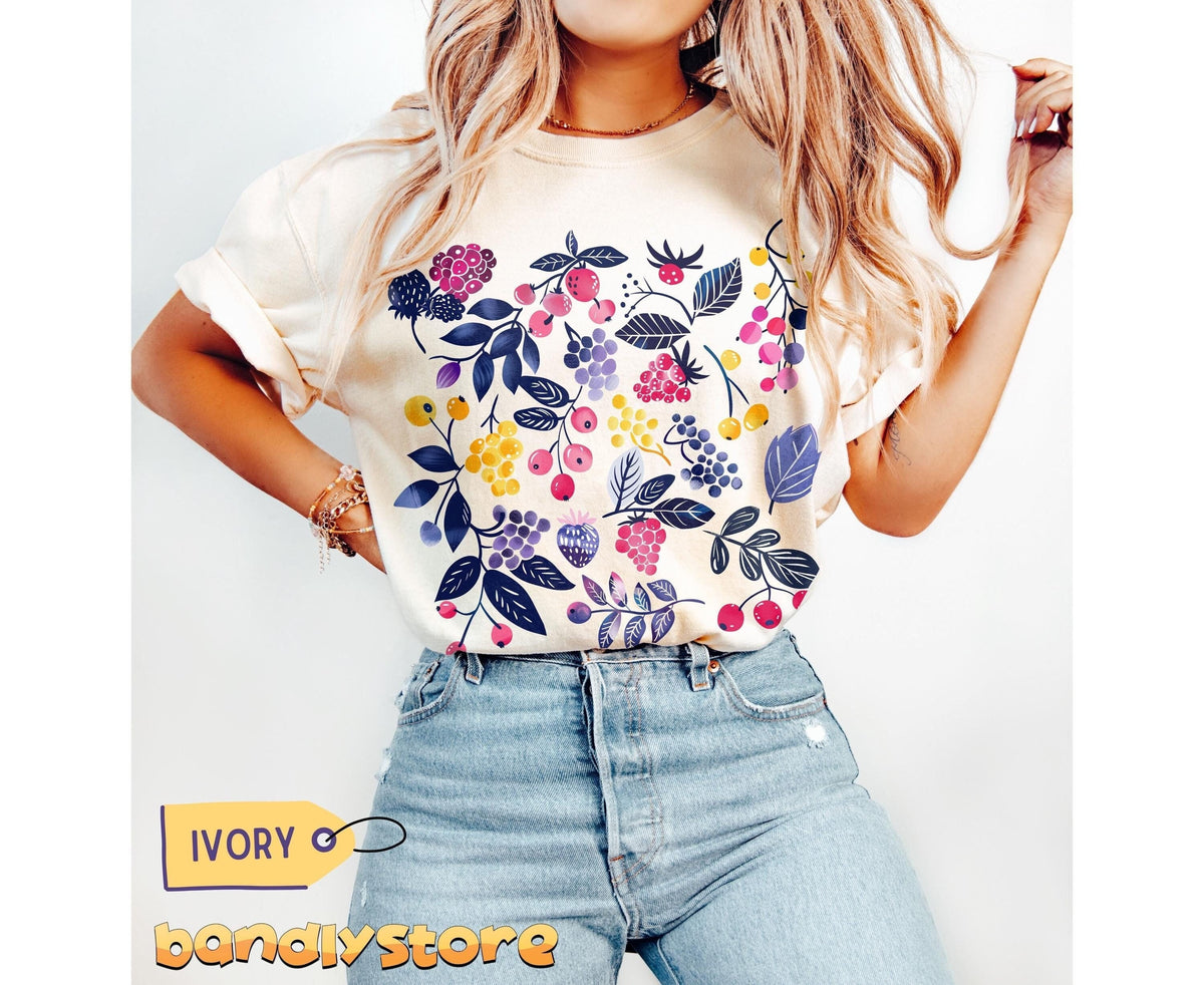 Fun Summer Berries T-Shirt in ivory, worn front-facing by a model against a plain white backdrop.