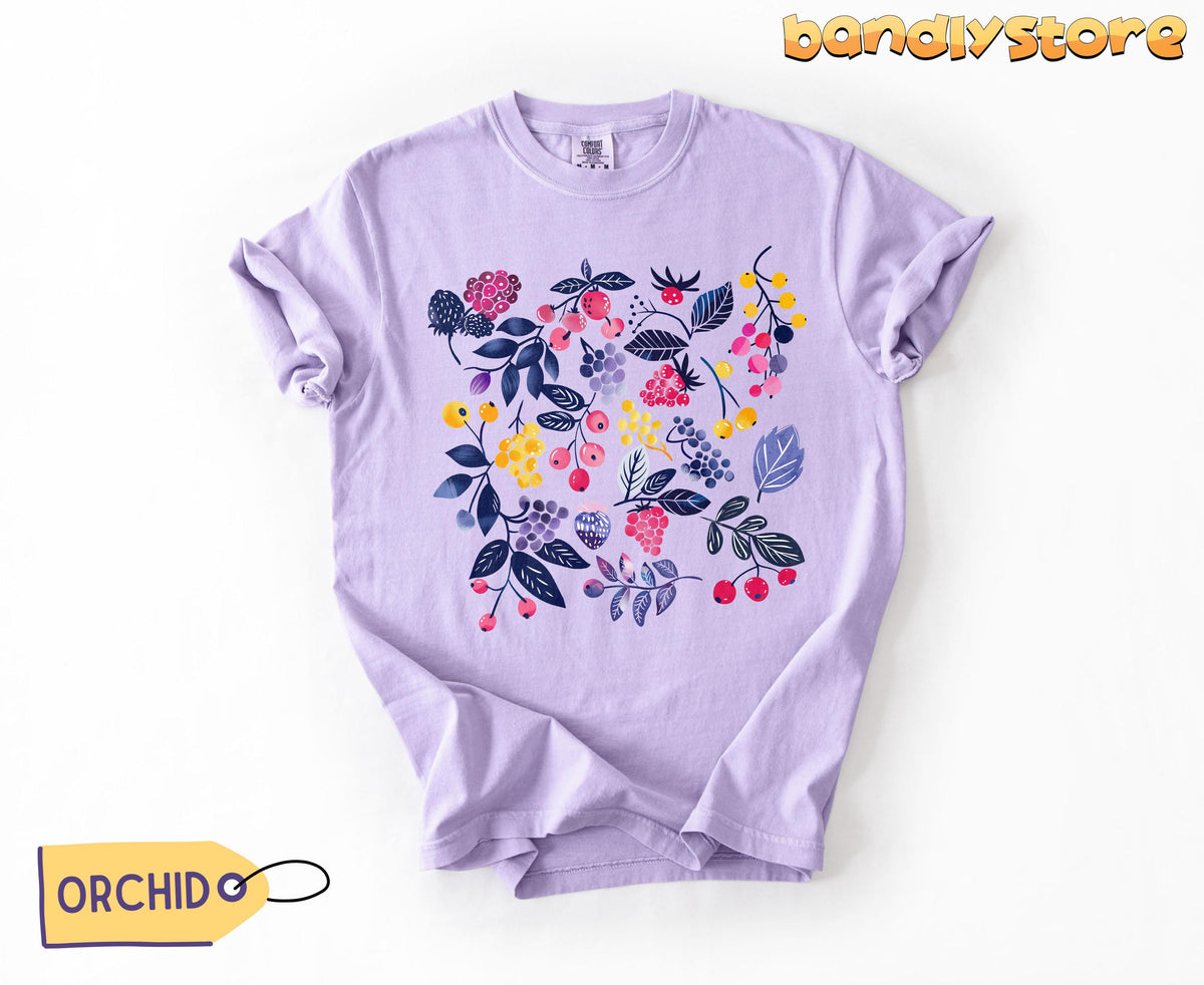 Fun Summer Berries T-Shirt in Orchid, flat-lay front view with berry cluster print and colour tag.