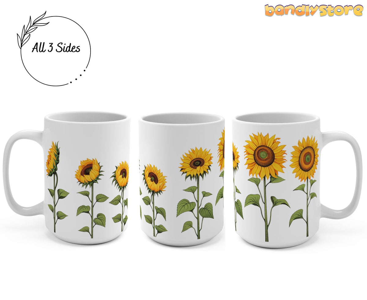 Sunflower Mug shown from three angles on a white background displaying sunflowers on all sides, 15oz.