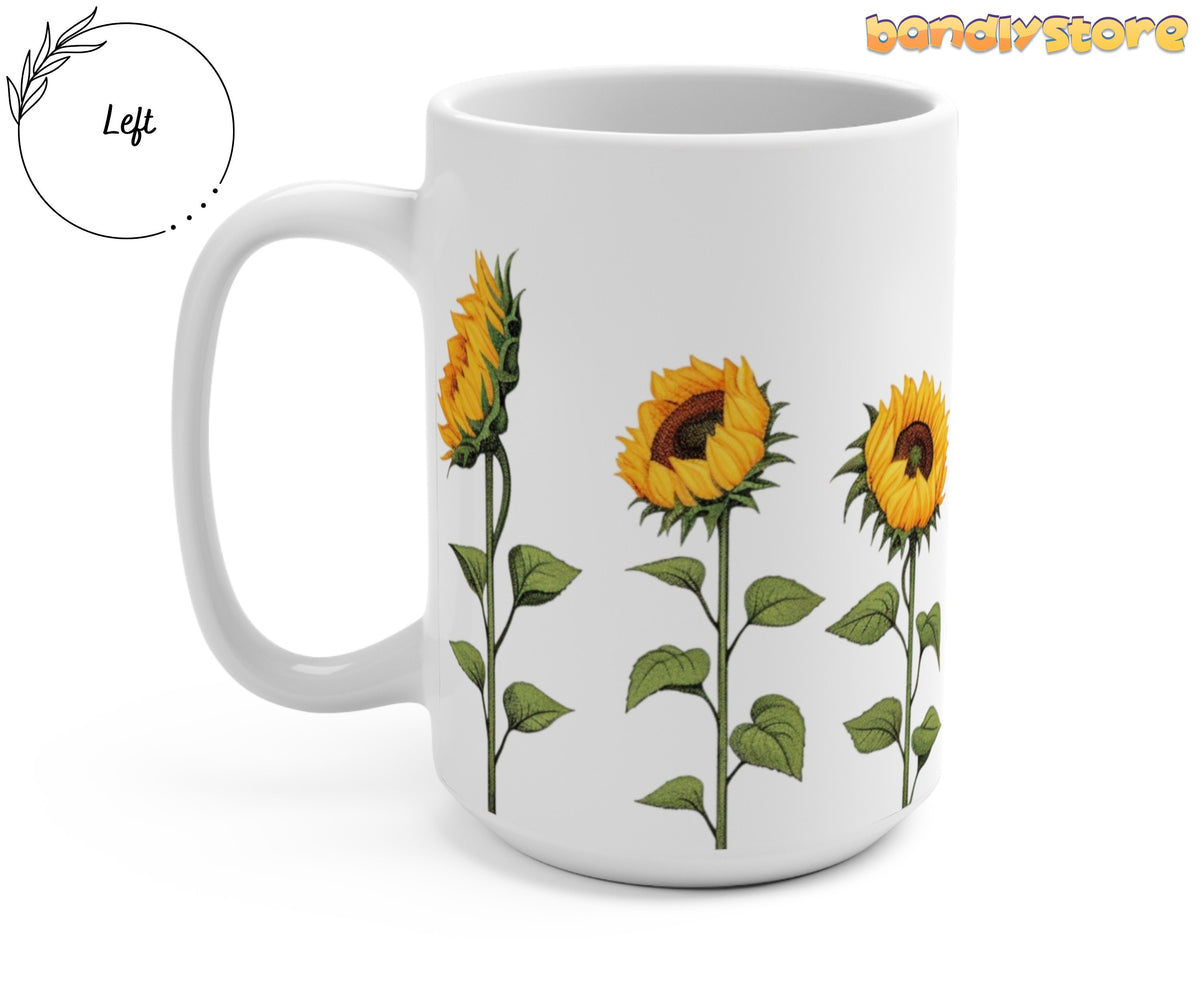 Sunflower Mug angled view with left-side handle and three yellow sunflowers on plain white background.