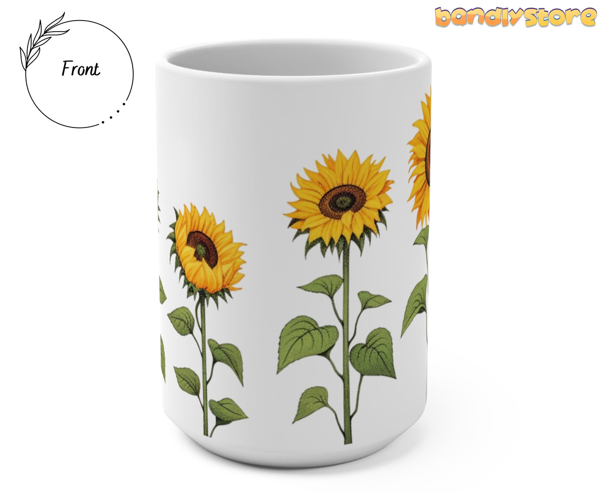 Sunflower Mug front view on plain white background with yellow sunflowers and green leaves.
