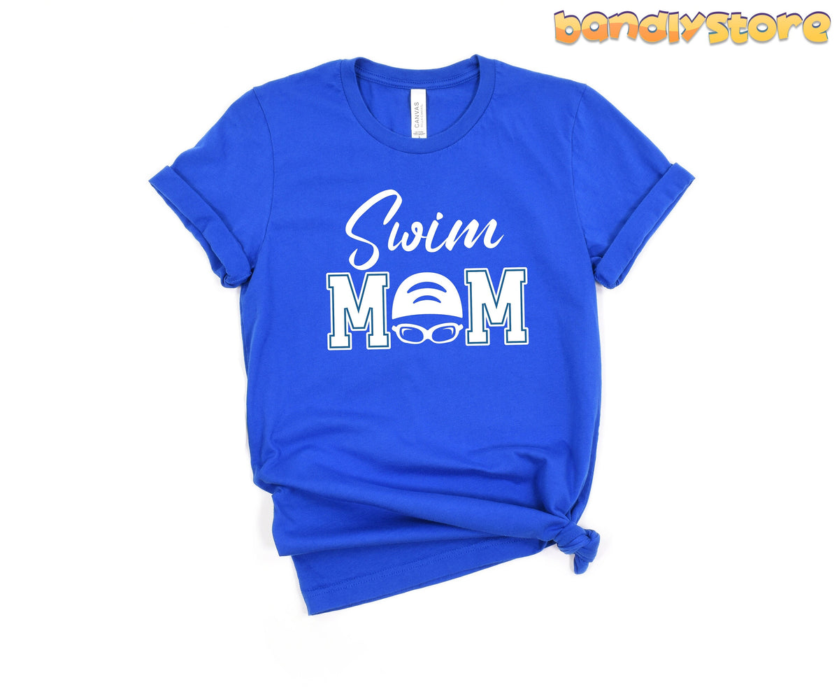 Swim Mom T-Shirt in True Royal laid flat on a white background, front view.