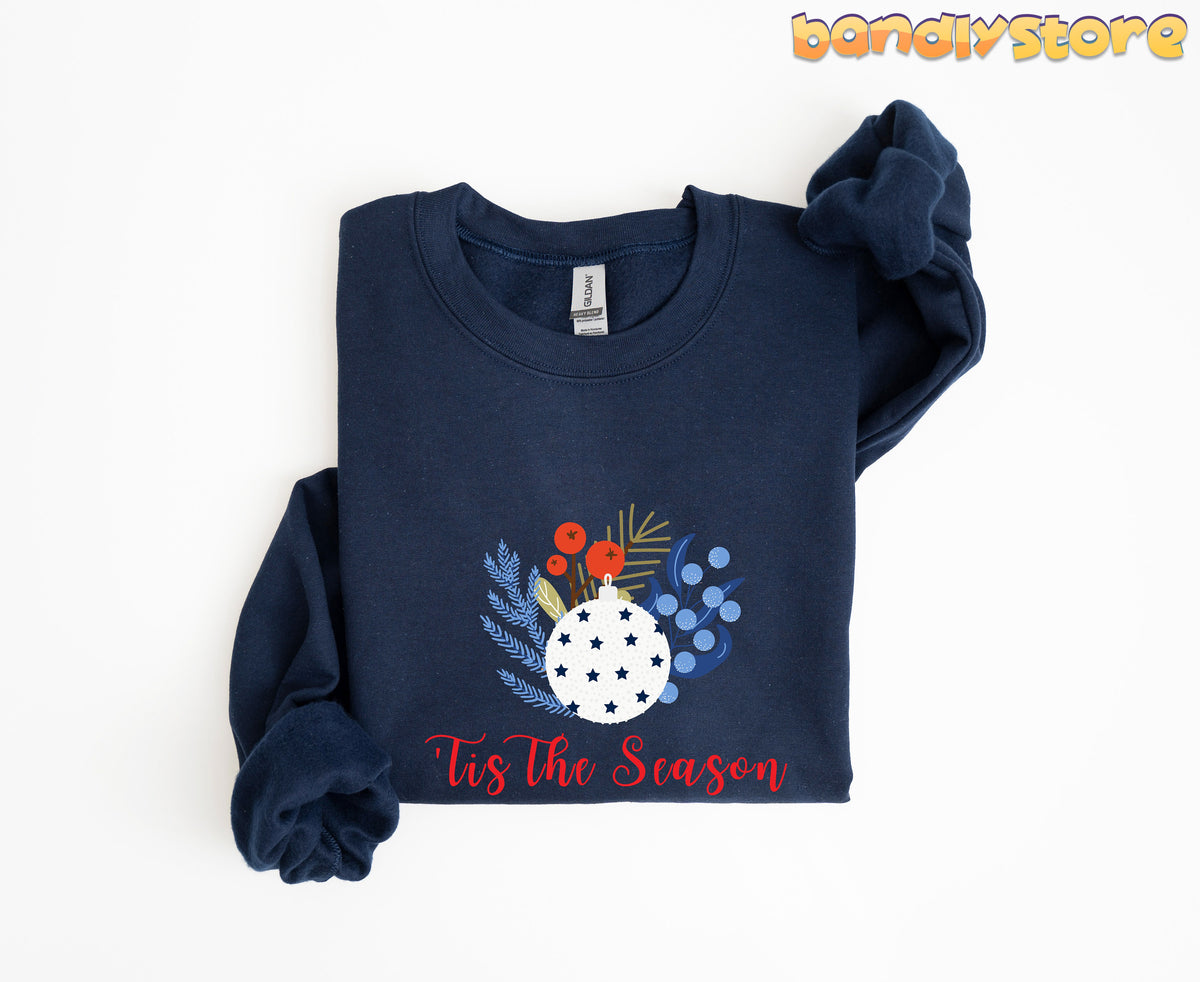 Tis The Season Sweatshirt navy folded on plain white background viewed from above.