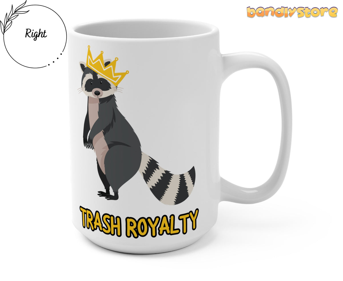 Trash Royalty Raccoon Mug white, angled view on plain background with crowned raccoon design and handle on the right