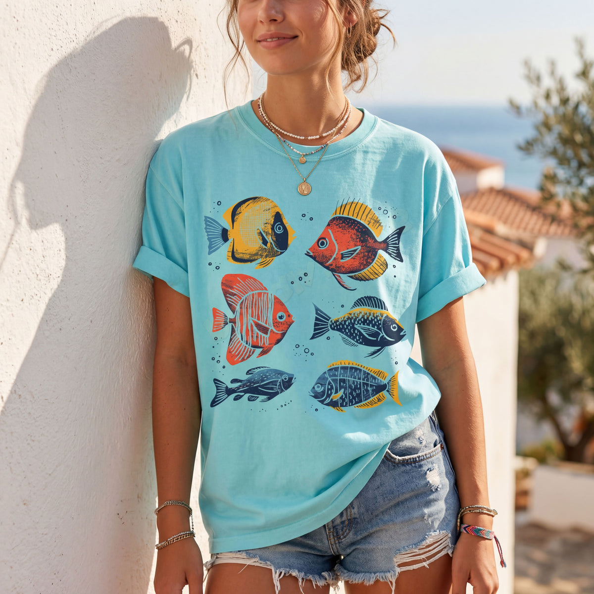 Tropical Fish T-Shirt in Lagoon Blue on a woman leaning on a white wall outdoors by the sea.