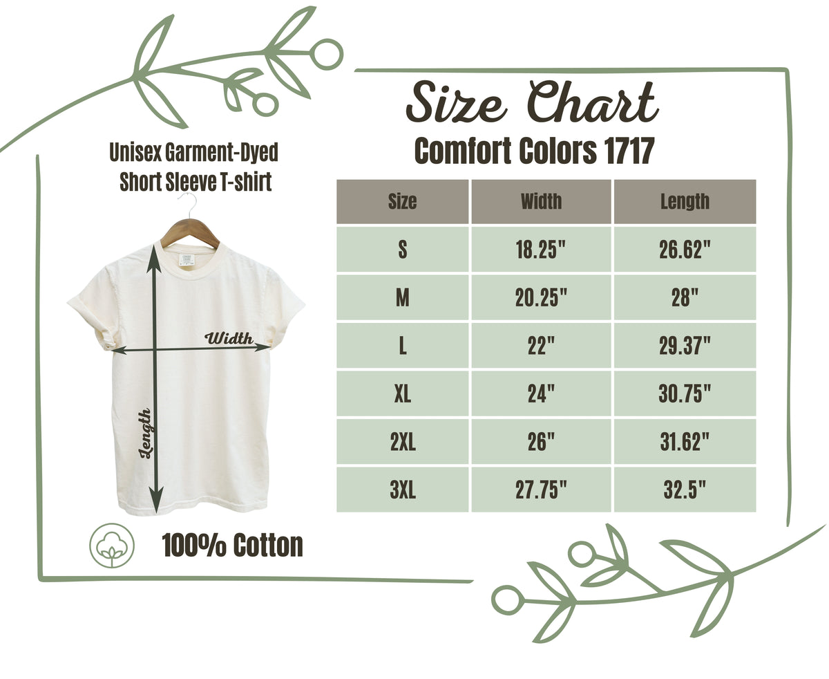 Comfort Colors 1717 unisex garment-dyed t-shirt size chart, S to 3XL: width 18.25 to 27.75 inches, length 26.62 to 32.5 inches, 100% cotton