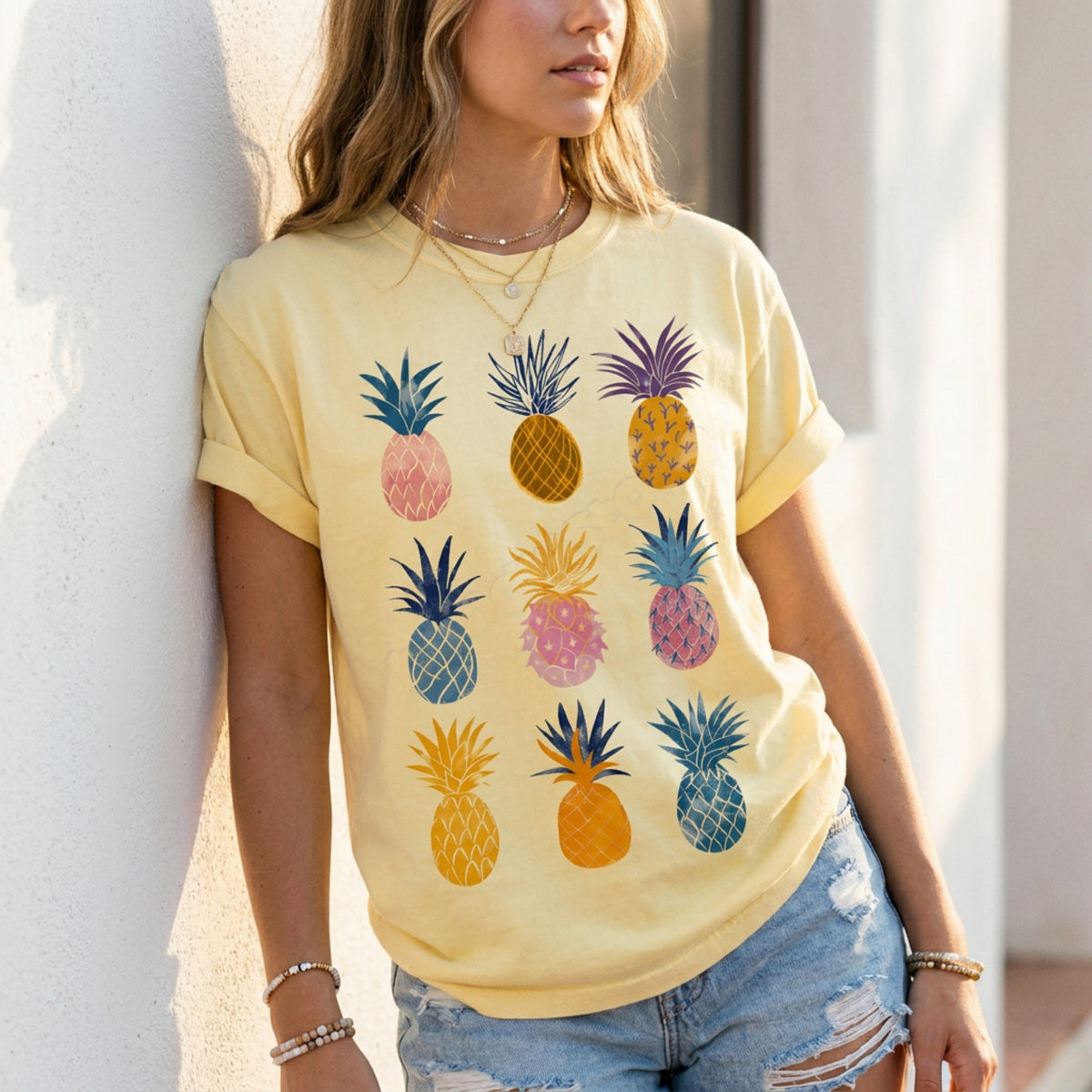 Vintage Pineapple T-Shirt in butter on a woman leaning against a sunlit white wall outdoors.