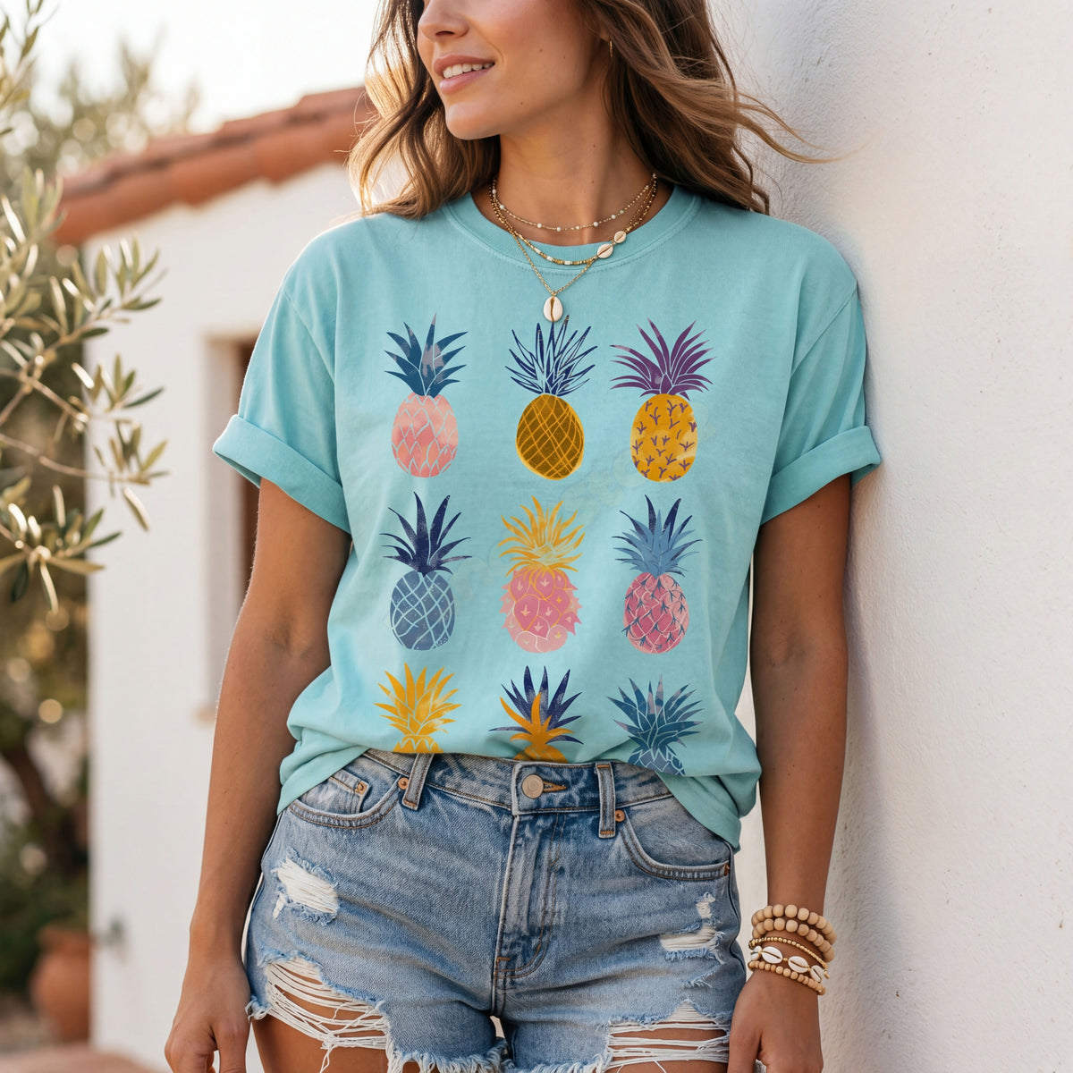 Vintage Pineapple T-Shirt in Chalky Mint on a woman leaning against a white outdoor wall with foliage.