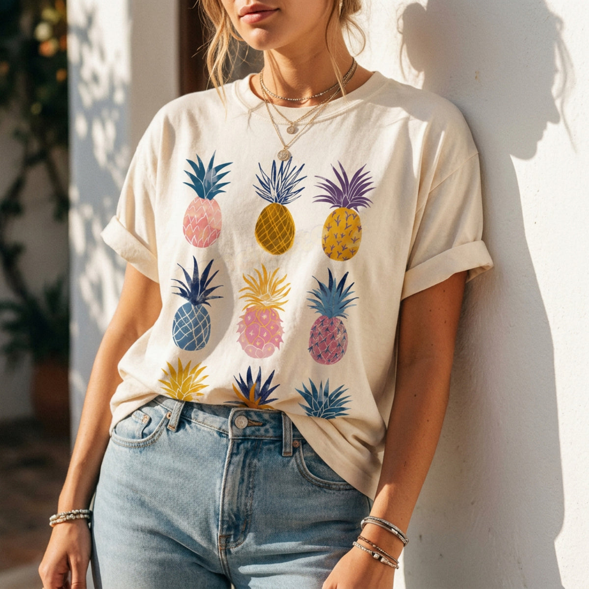 Vintage Pineapple T-Shirt in ivory, front view on wearer leaning against white wall outdoors with plants.