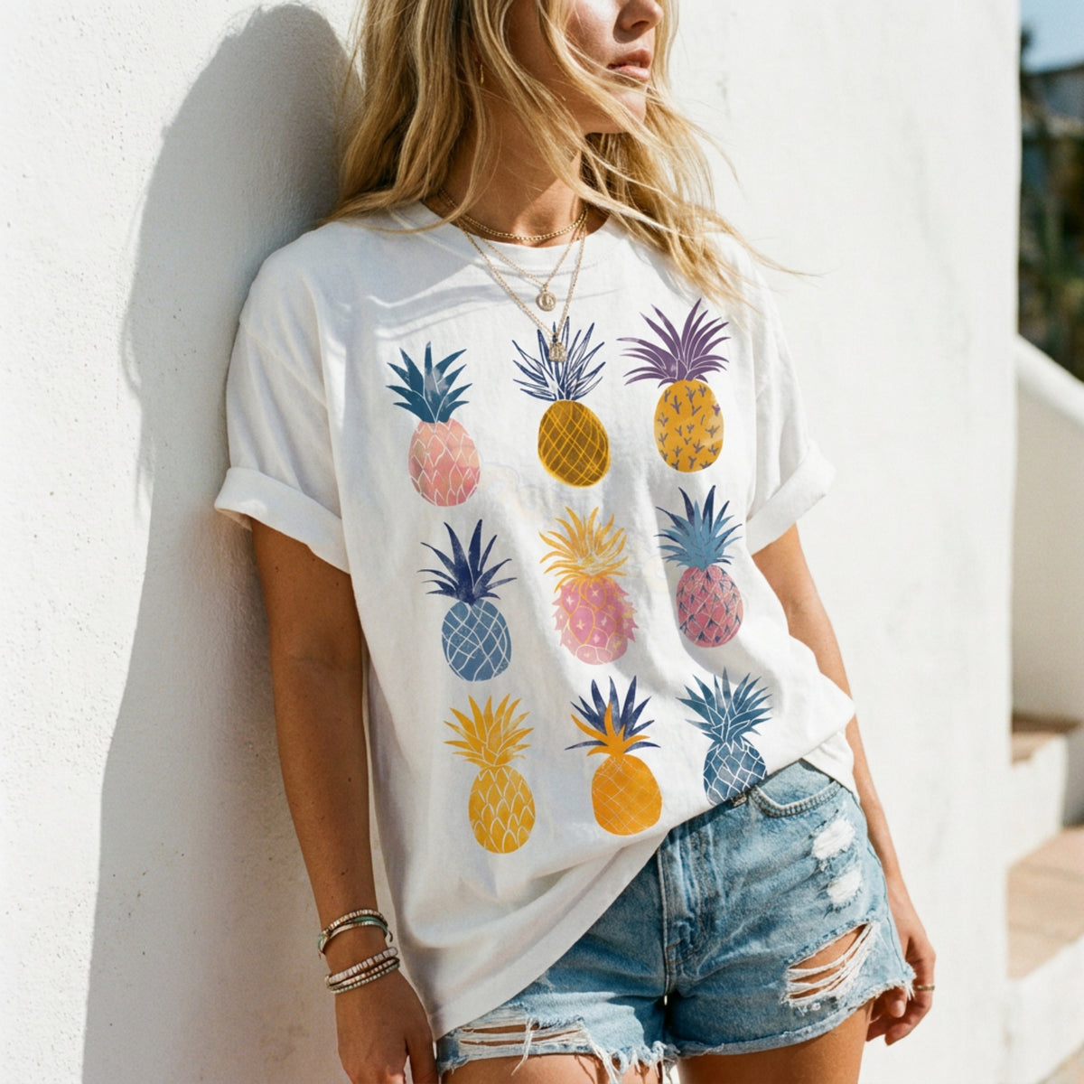 Vintage Pineapple T-Shirt on a white tee, worn outdoors against a sunlit white wall with layered necklaces and denim shorts.