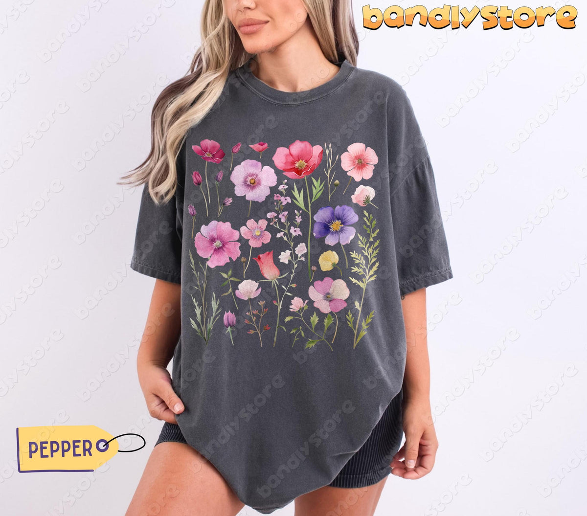 Vintage Watercolor Wildflowers T-Shirt in Pepper worn by a model facing forward against a white background.