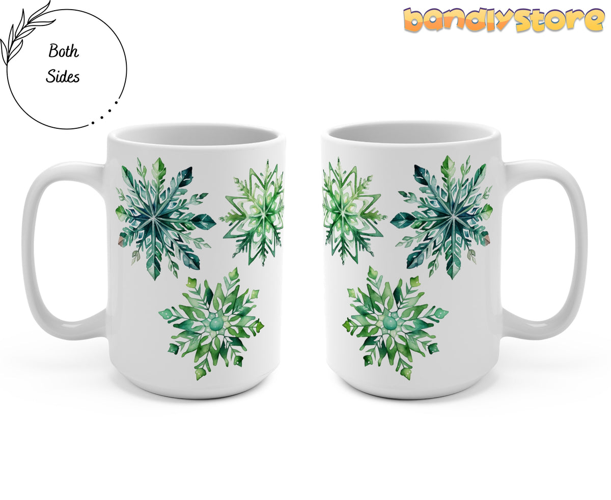 Watercolor Snowflake Mug 15oz shown side-by-side on white background from dual angles revealing both sides' designs.