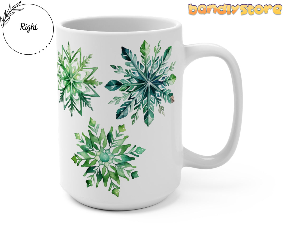 Watercolor Snowflake Mug angled on white background with green snowflakes, handle right, Right label left.