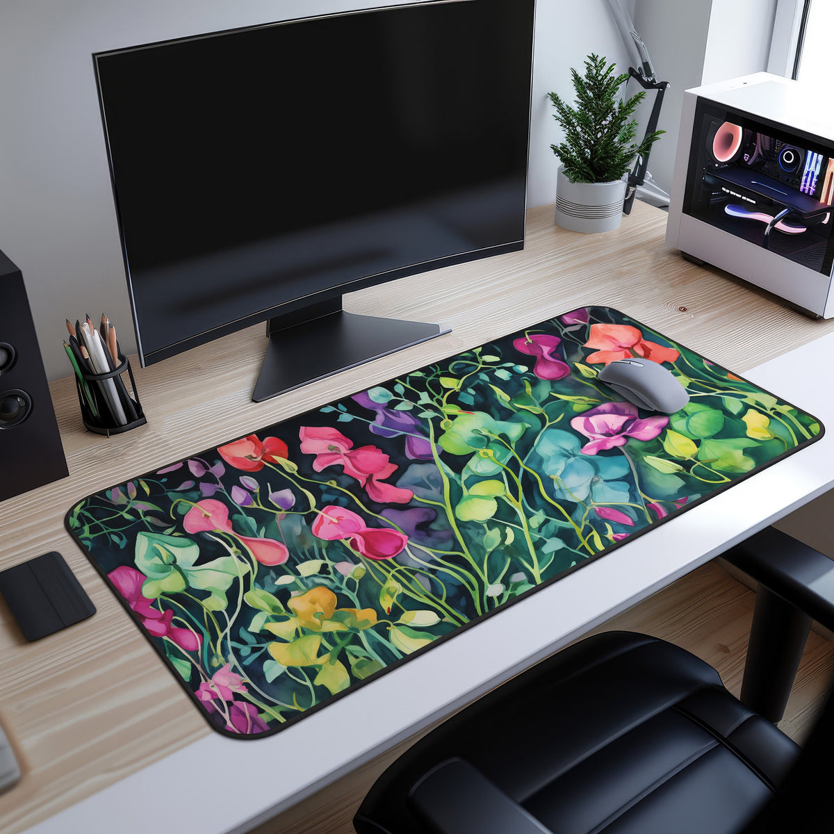 Watercolor Sweet Pea Flowers Desk Mat on a wooden desk under a monitor with mouse, plant and PC nearby.